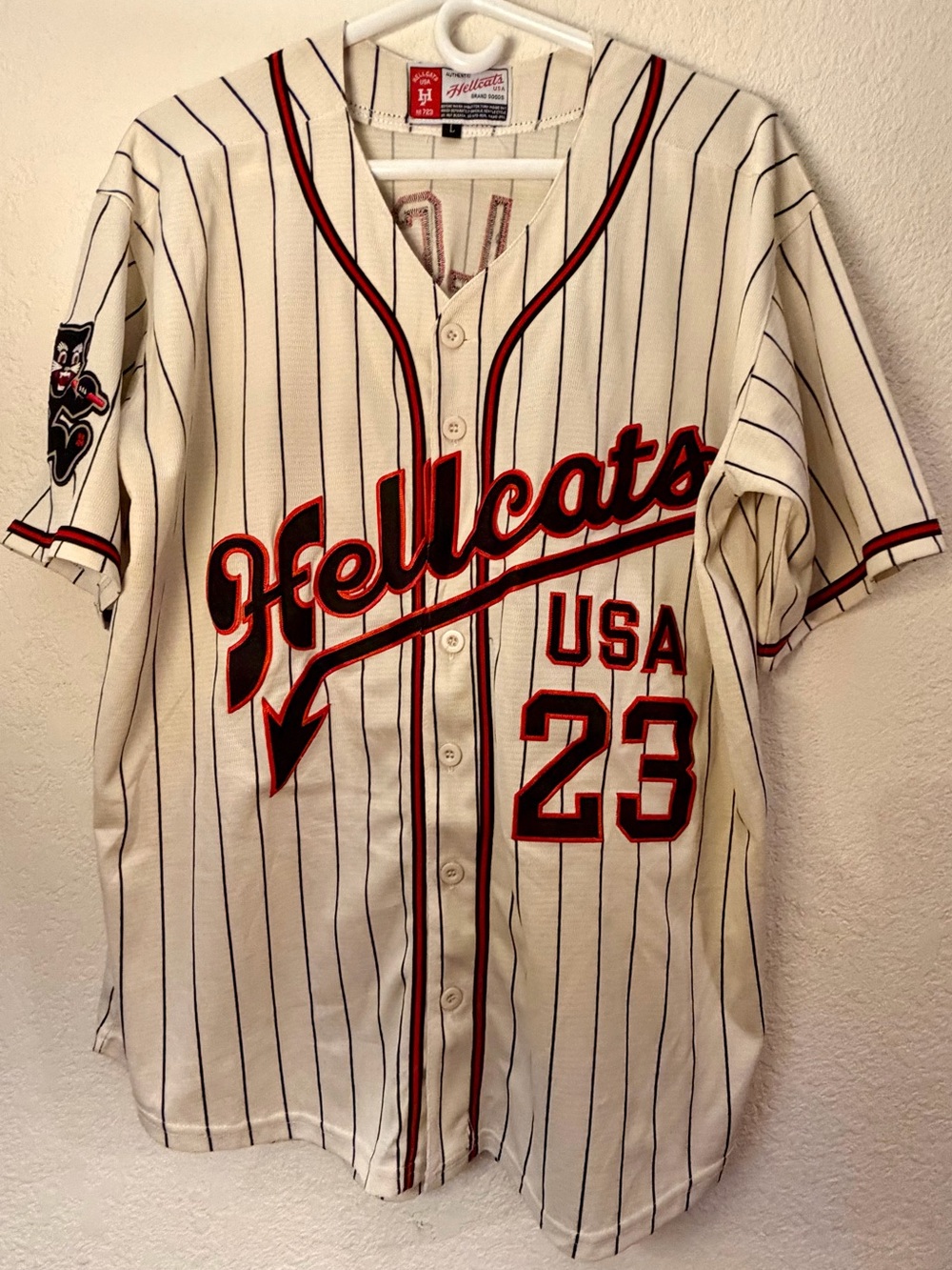Hellcats Pinstripe Baseball Jersey - Cream with Red & Black Trim